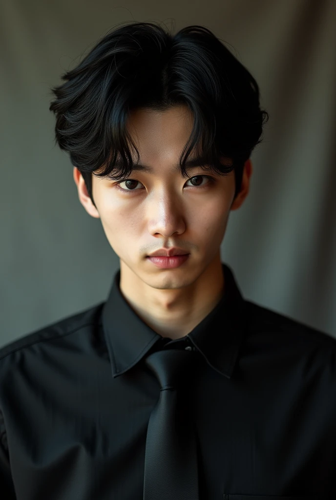 arafed asian man with tie and black shirt, heeseung, Jinyoung Shin, Hyung Tae, black haired jake, Hyunjin, taken in the early 2020s, official photos, innocent face, Hwang hyunjin, ironic smile, threatening look, kim taejin, mischievous look, young pale angel