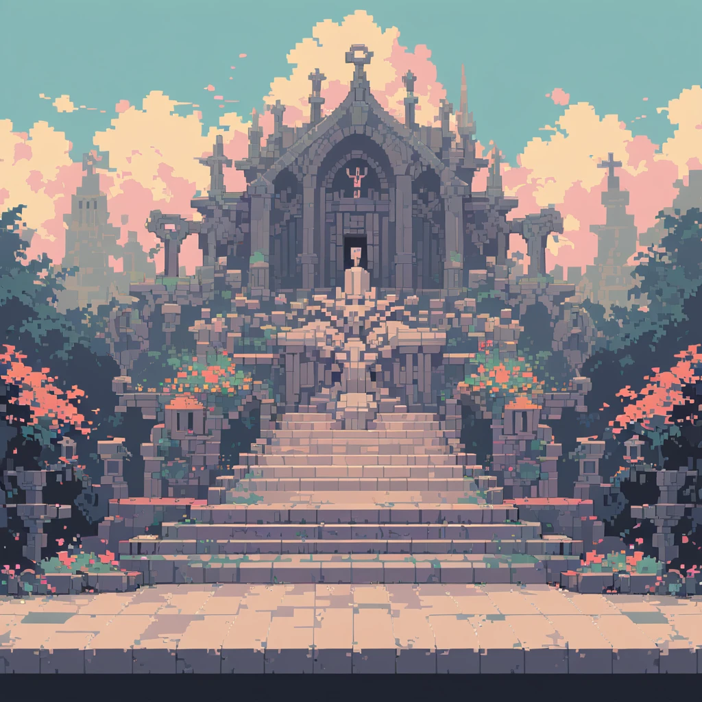 The prompt for generating a pixel art could be: "pixel art,(best quality, high resolution, detailed),(retro, nostalgic) colors,8-bit style,crisp lines and edges,small canvas,blocky pixels,limited color palette,low-fi graphics,dark colors,iconic pixel characters, cementery, stage"