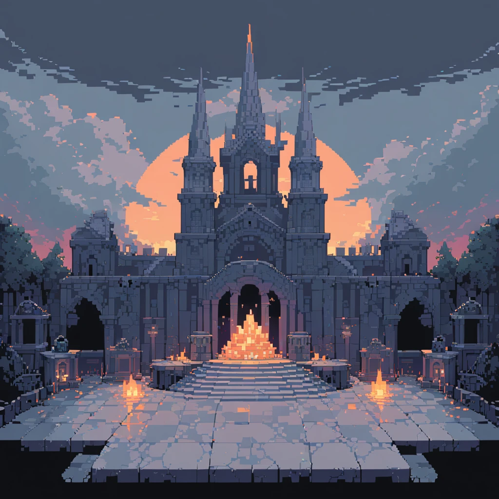 The prompt for generating a pixel art could be: "pixel art,(best quality, high resolution, detailed),(retro, nostalgic) colors,8-bit style,crisp lines and edges,small canvas,blocky pixels,limited color palette,low-fi graphics,dark colors,iconic pixel characters, cementery, stage"