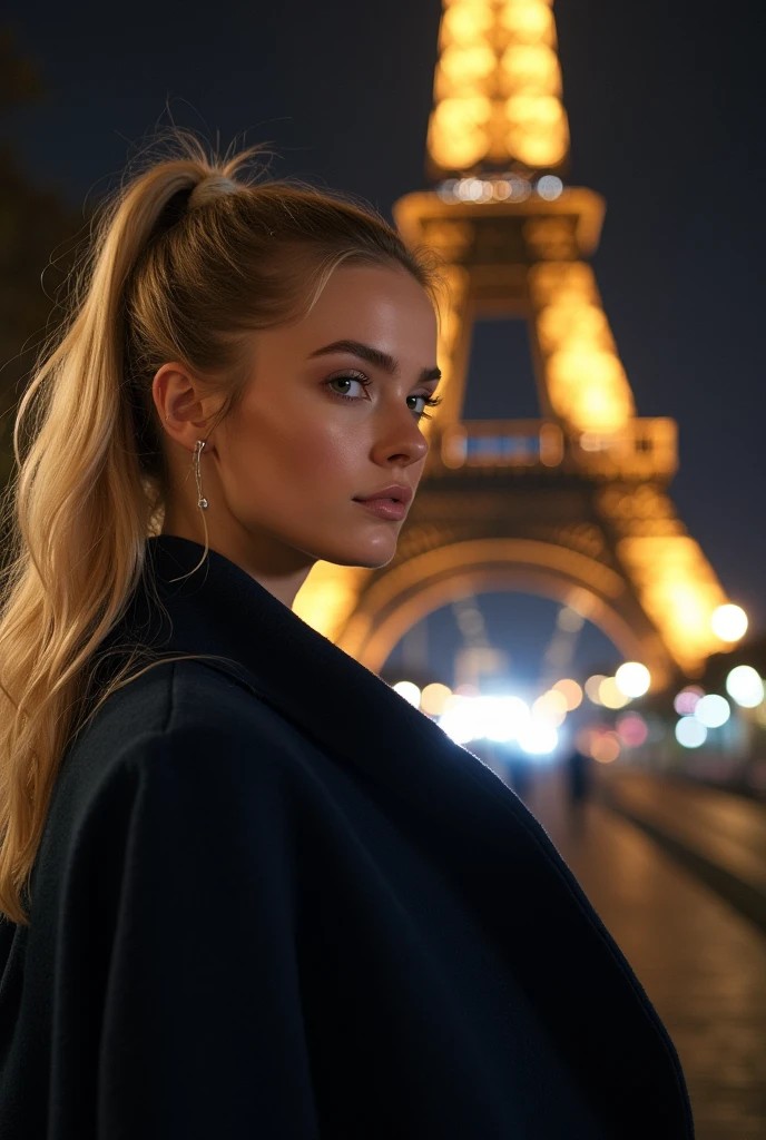 ((Masterpiece artwork, top-quality, high resolution, highy detailed)), (huge stunning photo of goddess, very sensual hot and sexy, Beauty to die for, proporções com curves e carne, "hot woman"), 1 girl named Jocelyn, german, blonde, shy, with hair tied up with a few loose strands, she is taking a selfie of herself at the foot of Eiffel Tower in Paris city France at cold night, elegantly dressed, (wearing a beautiful and elegant navy blue coat), (side view from below: at an angle of 120° (degrees)), beautiful light brown eyes, sensual mouth, the symmetry of your face is perfect and delicate, showing the deep details of your skin, your body is "fleshy" and with "curves", (thin waist and belly "slap"), (wide voluminous hips), (thick and voluminous thighs "legs with muscles"), ((extremely large and perky butt, voluminous and round)), beautiful medium breasts, perfect hands with all perfect fingers, Extremely beautiful, full body view, image ultra realistic, vibrant and clear, dynamic view with perfect symmetry,, high level of detail and definition, 1200 PPI - Photographic resolution with greater color realism, hyperrealisti, high fidelity, cinematic, 8K UHD image resolution.