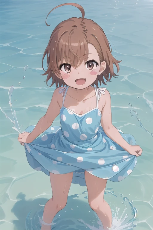 masterpiece,best quality,ultra detail, 1girl,, aalo, short hair, ahoge, blush stickers, collarbone, polka dot dress, blue dress, sleeveless,smile,fountain,stylish pose,flare,splash water,from above