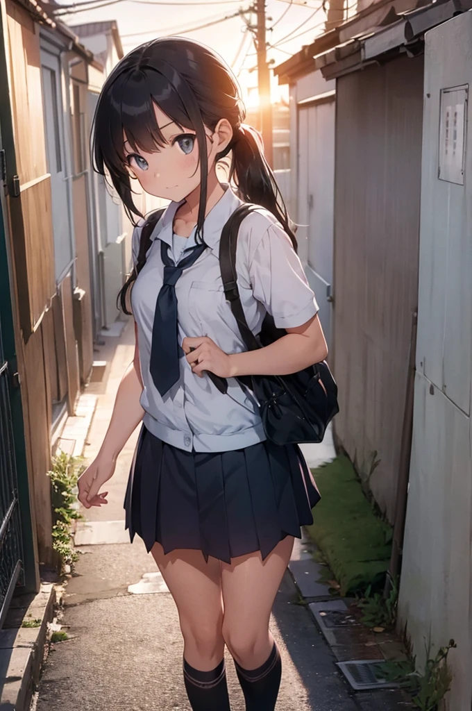 girl in school uniform with a grey kitten, alleyway, sunset, 50mm lens