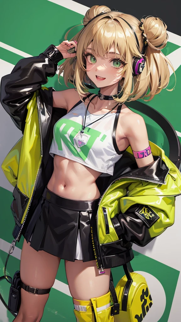 1 girl, anime, futuristic setting, dark blonde hair, bear ears, streetwear, skirt, one thigh high, vibrant, smiling, green eyes, bracelets, necklace, cute accessories, graffiti, hair in a half-do, headphones around neck, short hair, tanned skin, bubbly, cheerful, hair in a half bun, one yellow eye