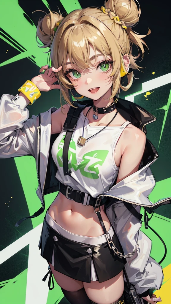 1 girl, anime, futuristic setting, dark blonde hair, bear ears, streetwear, skirt, one thigh high, vibrant, smiling, green eyes, bracelets, necklace, cute accessories, graffiti, hair in a half-do, headphones around neck, short hair, tanned skin, bubbly, cheerful, hair in a half bun, one yellow eye