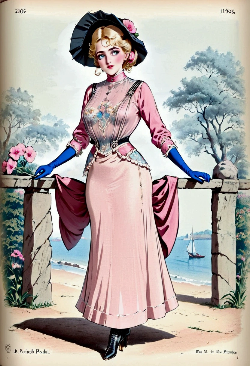 Princess Peach as a gorgeous stylish yo blonde teenage Gibson Girl wearing her pink 1905_dr3ss. Year 1906. Edwardian high-neck long sleeve dress. Sheer top. Ornate wide-brimmed picture hat with a veiled front fully topped with flowers and feathers. Gloves in both hands. Sash tied around her waist. Floor-length skirt. Boots. 40-20-40 hourglass figure. Large bubble butt sticking out. S-bend corset. Long blonde Gibson Girl updo with ponytail. Big blue eyes, pouty red lips. Full body. Delicately holding a parasol with one hand, pinky finger raised. Outdoors