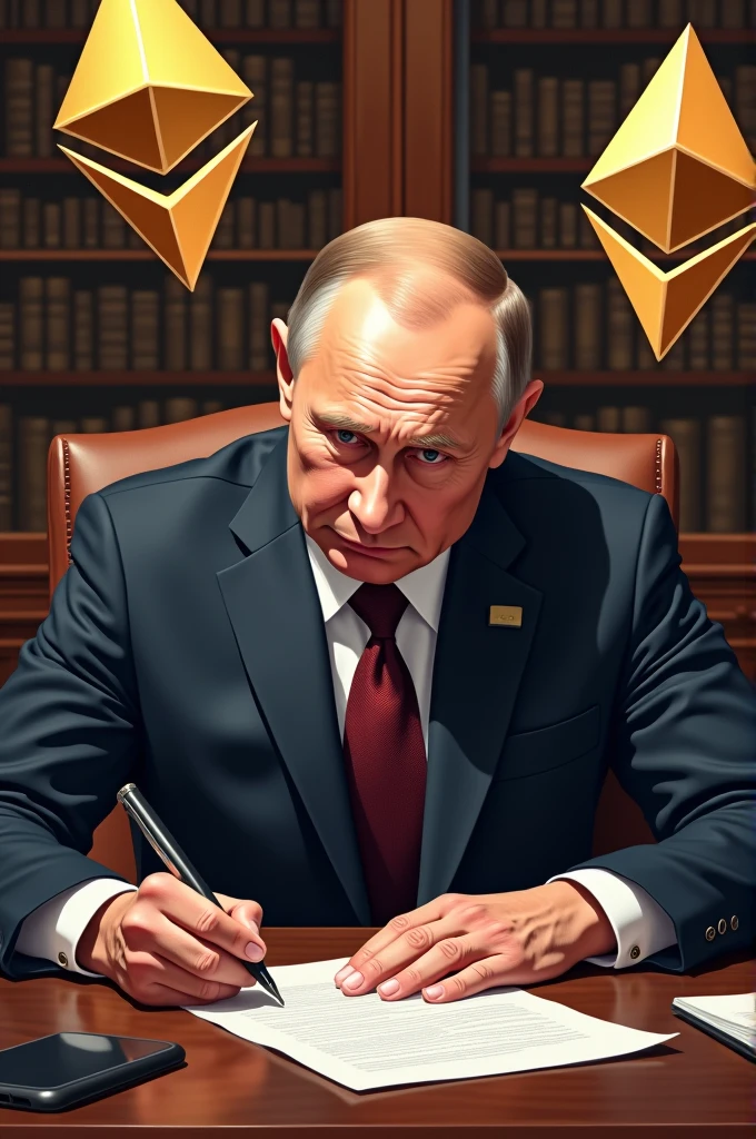 Illustration of President Putin signing with the symbols of Bitcoin and Ethereum floating in the background