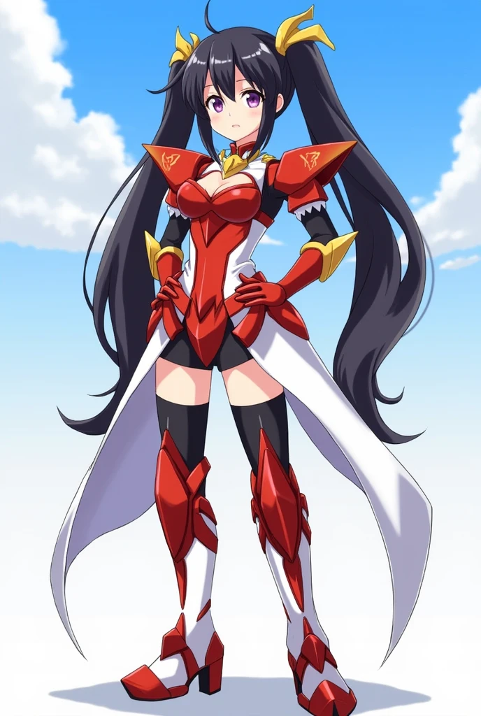 (masterpiece), best quality, nice body, expressive eyes, perfect face, beauty face girl, 1girl, solo, natural beauty, ishtar, ishtar fate, Purple Eyes, black hair, Gold hair ribbon, long hair, twintails hair, ribbon, sidelocks, two side up, black thigh highs, Humanoid, Simple armor, Red and White color Armor suit, Valkyrie, Astray Red Frame, Armor chest, safety breast, thighhighs, Sky background, stand, standing, standing full body, character sheet, upper body, portrait, looking at viewer, Gundam backpack, Booster backpack, medium breast, Fly high, full body