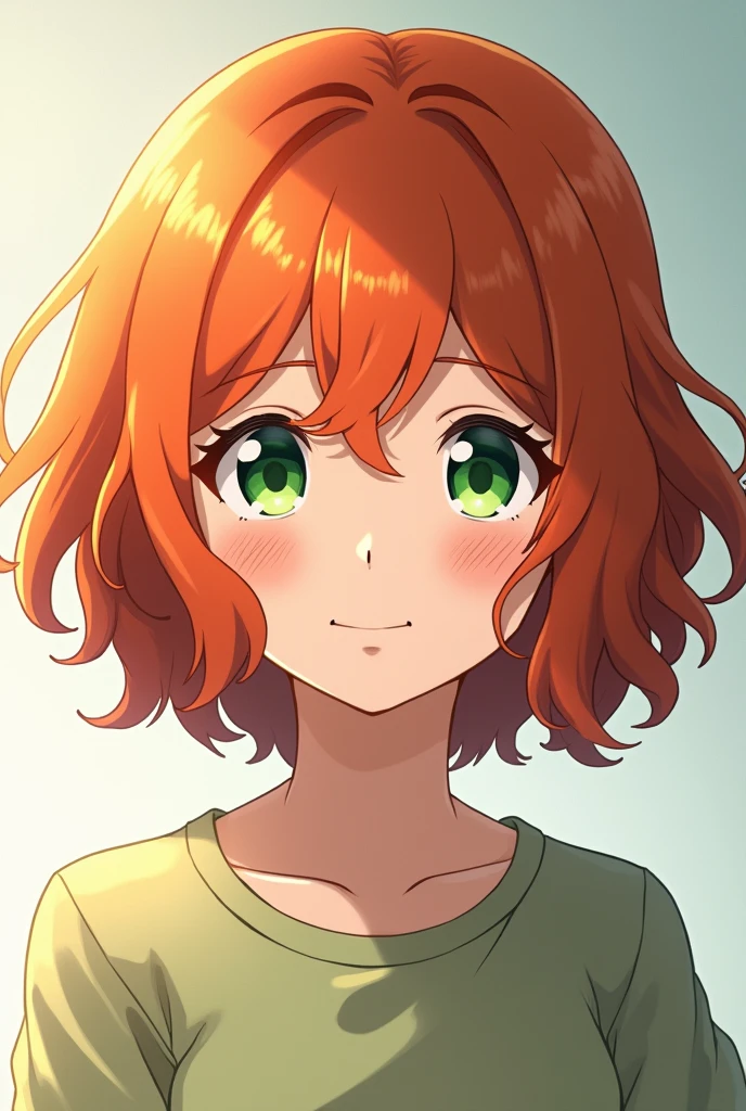 Emma from the anime "the promise neverland" in real life at , short wavy orange hair, clear skin, green eyes, smiling