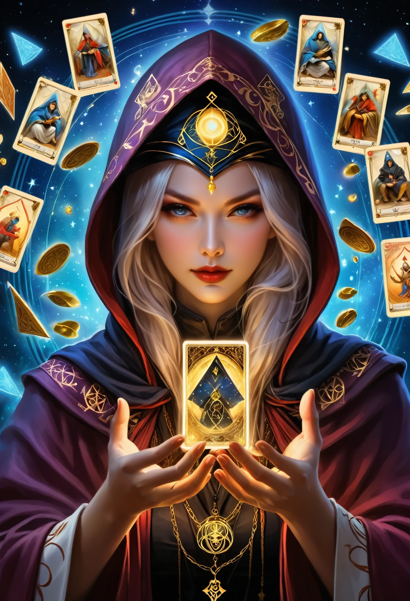 Onmyoji，Metal photo frame，card，tarot cards：1.37.Mysterious fortune teller wearing hood，Finger taps an array of tarot cards in the air，Mystical symbols and elements，ancient mysterious atmosphere，Realistic illustrations，meticulous details，Vibrant and energetic composition，dark style，gothic style
