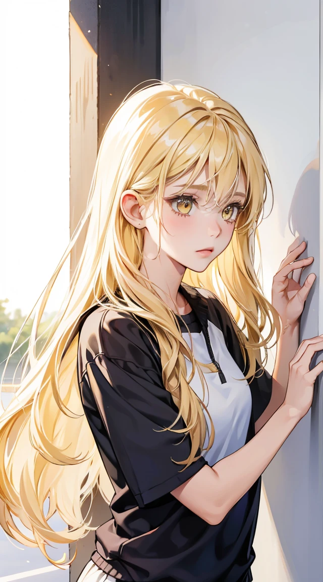 1girl, 30 years old, playing tennis, blonde hair, long hair, blonde, yellow eyes, shy, wearing all white