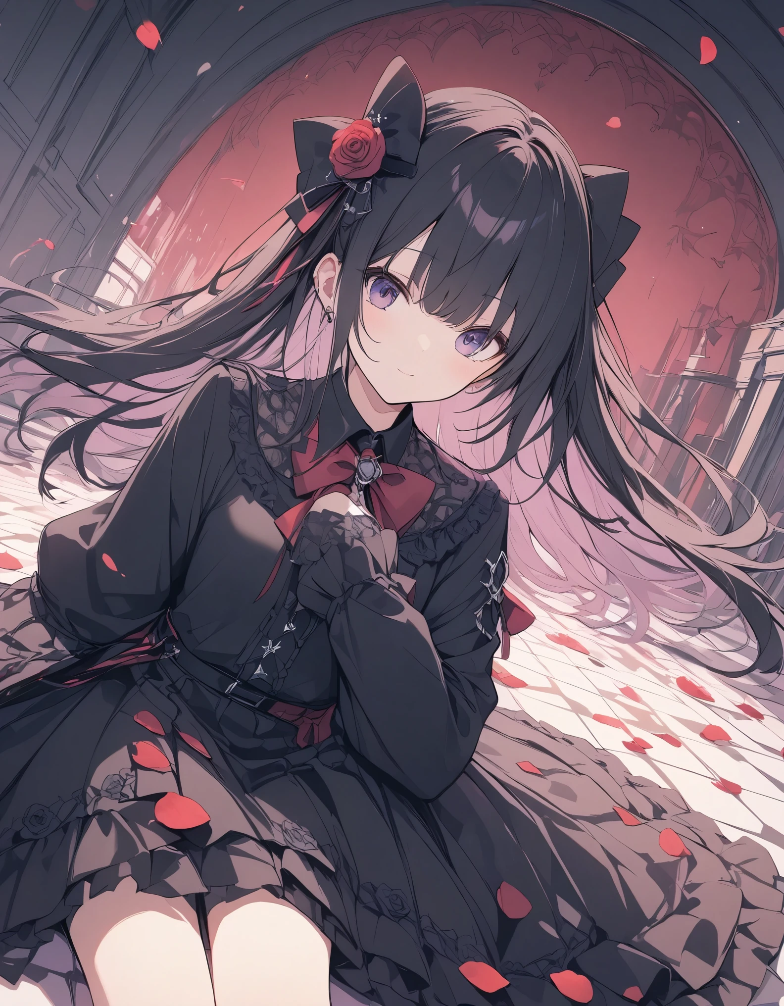 High resolution, Attention to detail, high quality, High resolution, 最high quality, 4K, 8k, Awards、BREAK、Gothic、Gothic Lolita、BREAK、Rose petals fall、Mysterious artwork、Flat color、Rose Floor Background、Wide-angle lens、solo,1人