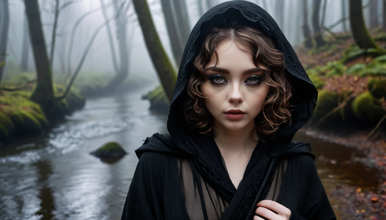 ((masterpiece, Fantasy,Only the left eye is closed,Black paint on eyelids and cheeks, Beautiful girl)), Brown wavy short hair,Pale skin, Black hooded robe,Heavy Robe,assassin, gray scarf, forest, Small River, fog,Thin lips