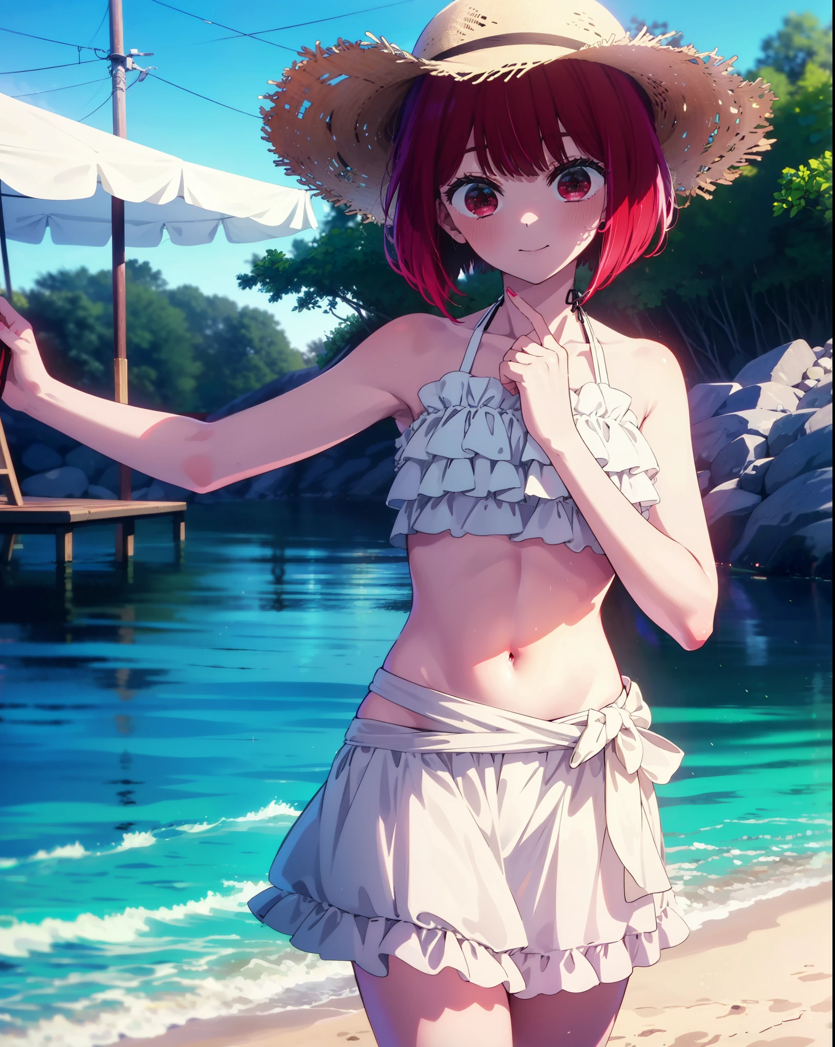 canary, Arima etc., short hair, bangs, (Red eyes:1.3), Redhead, Bobcut, Straw hat,smile,White string bikini swimsuit with frills,Belly button,abdomen,A thin long skirt is wrapped around her waist,barefoot,Sandy Beachを散歩している,whole bodyがイラストに入るように,
break outdoors, Sandy Beach,Beach,
break looking at viewer,whole body, (Cowboy Shot:1.5),
break (masterpiece:1.2), Highest quality, High resolution, unity 8k wallpaper, (figure:0.8), (Beautiful attention to detail:1.6), Highly detailed face, Perfect lighting, Highly detailed CG, (Perfect hands, Perfect Anatomy),