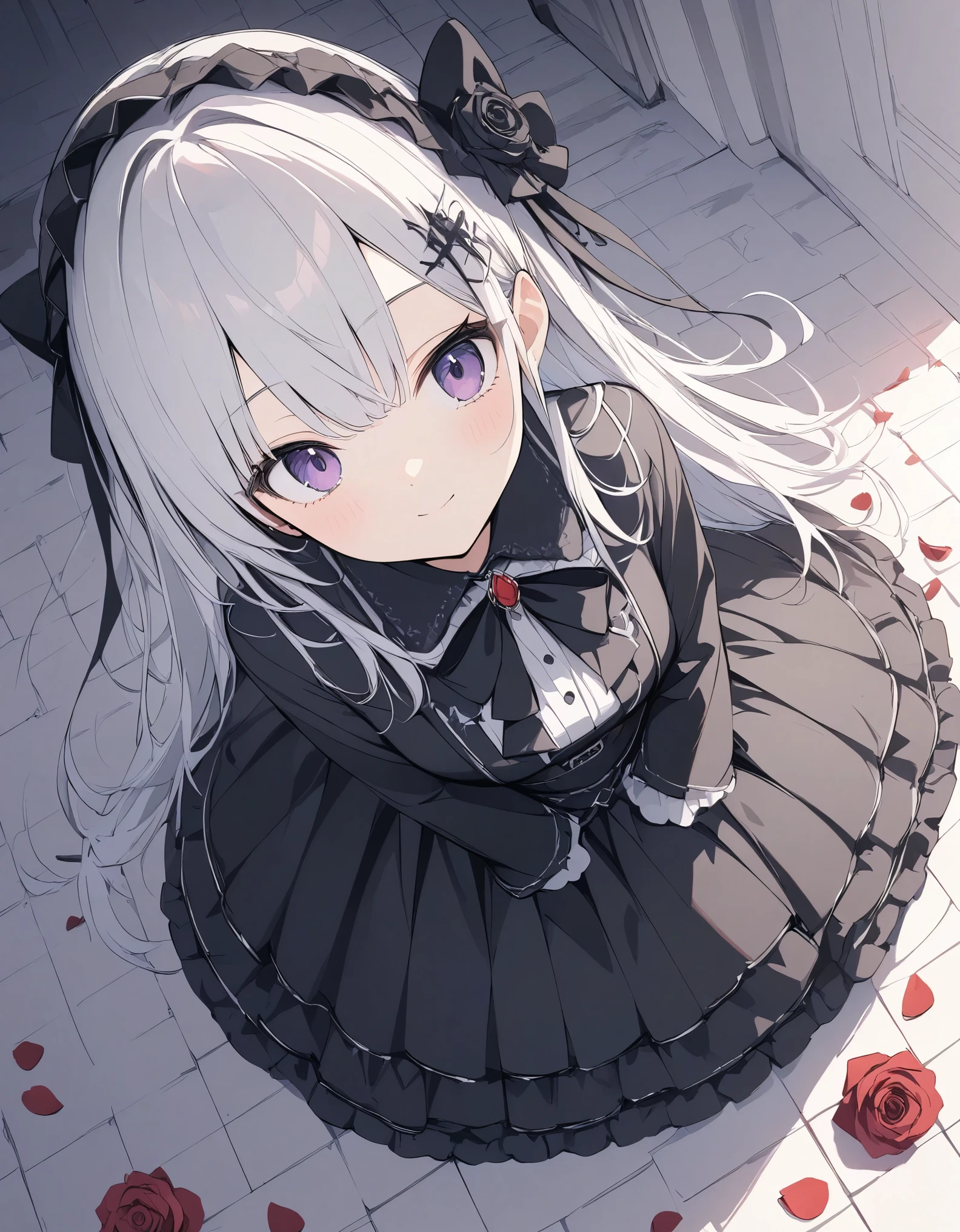 High resolution, Attention to detail, high quality, High resolution, 最high quality, 4K, 8k, Awards、BREAK、Gothic、Gothic ta、BREAK、Rose petals fall、Mysterious artwork、Flat color、Rose Floor Background、Wide-angle lens、solo,1人