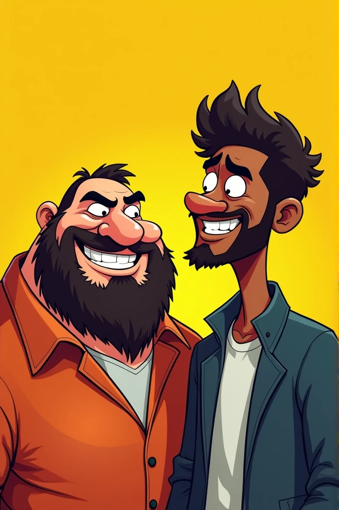 Create an image for a flyer on a yellow background where the head of a fat man with a beard and a skinny dark-skinned man appear in cartoon style.