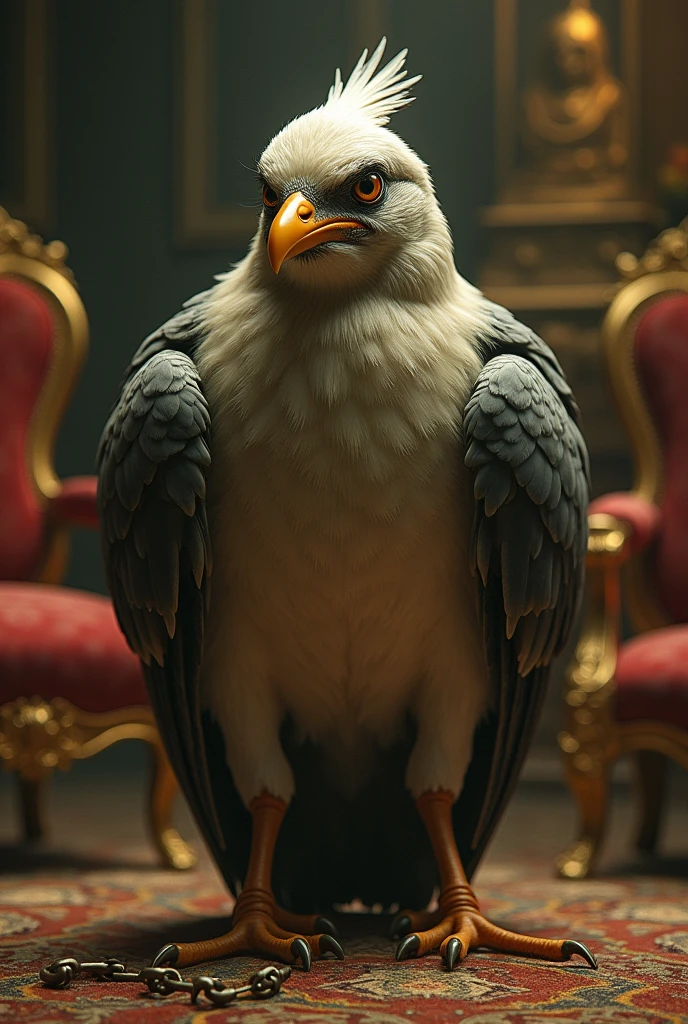 A bird is depicted standing in a luxurious environment, symbolizing material abundance, with elements like gold and opulent furniture. Despite the richness, his expression is filled with deep emotional pain, representing the mental control imposed by his parents. His posture shows struggle, as he breaks invisible chains that symbolize his mental suffering. In the background, there is a subtle transition from darkness to light, indicating his journey toward spiritual redemption. The overall mood is one of inner conflict and eventual liberation.