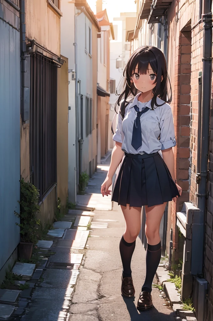 girl in school uniform with a grey kitty, alleyway, sunset, 50mm lens