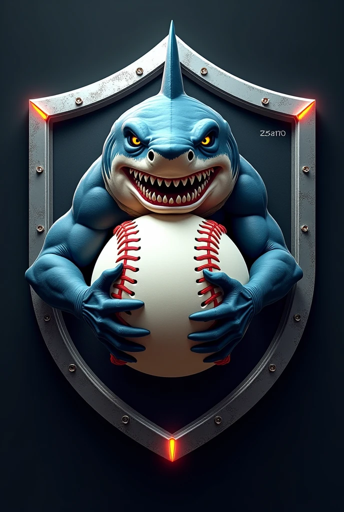 I want to create a shield with a shark holding a five-ball baseball