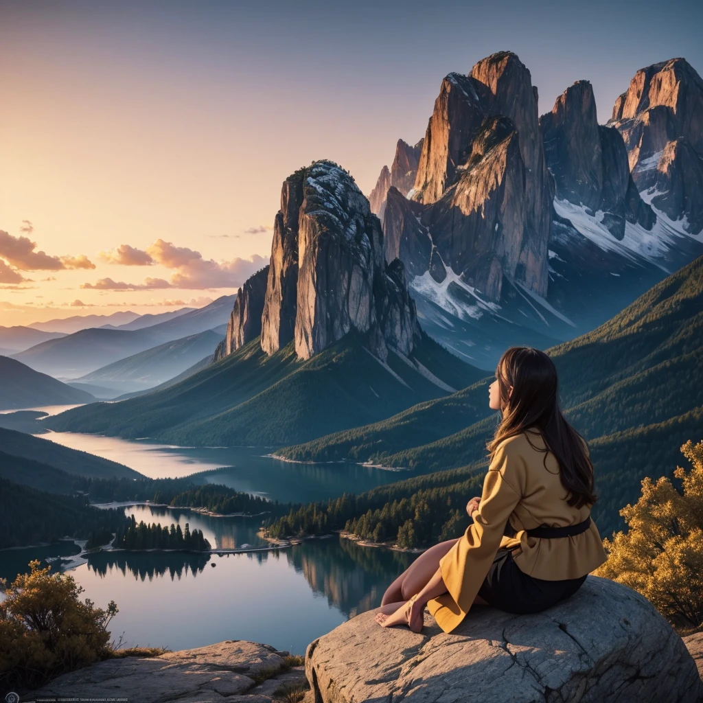 a beautiful detailed woman sitting on a rock, gazing at the sunrise over a tranquil mountain landscape, dramatic lighting, awe-inspiring scenery, golden hour, vibrant colors, cinematic composition, serene atmosphere, sense of freedom and peace, motivational quote "The ultimate success is the luxury of giving yourself the time to do what you want to do" in elegant calligraphy, 8k, highly detailed, photorealistic, masterpiece