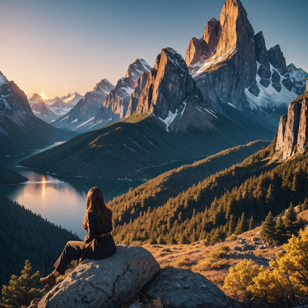 a beautiful detailed woman sitting on a rock, gazing at the sunrise over a tranquil mountain landscape, dramatic lighting, awe-inspiring scenery, golden hour, vibrant colors, cinematic composition, serene atmosphere, sense of freedom and peace, motivational quote "The ultimate success is the luxury of giving yourself the time to do what you want to do" in elegant calligraphy, 8k, highly detailed, photorealistic, masterpiece