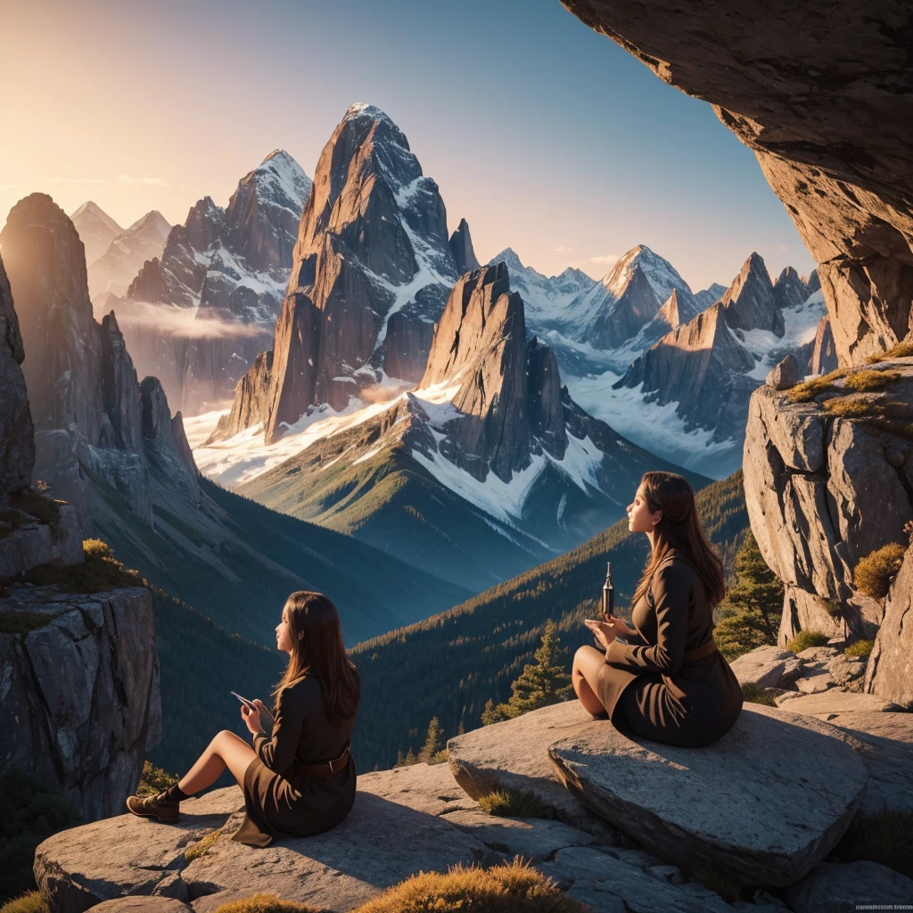 a beautiful detailed woman sitting on a rock, gazing at the sunrise over a tranquil mountain landscape, dramatic lighting, awe-inspiring scenery, golden hour, vibrant colors, cinematic composition, serene atmosphere, sense of freedom and peace, motivational quote "The ultimate success is the luxury of giving yourself the time to do what you want to do" in elegant calligraphy, 8k, highly detailed, photorealistic, masterpiece