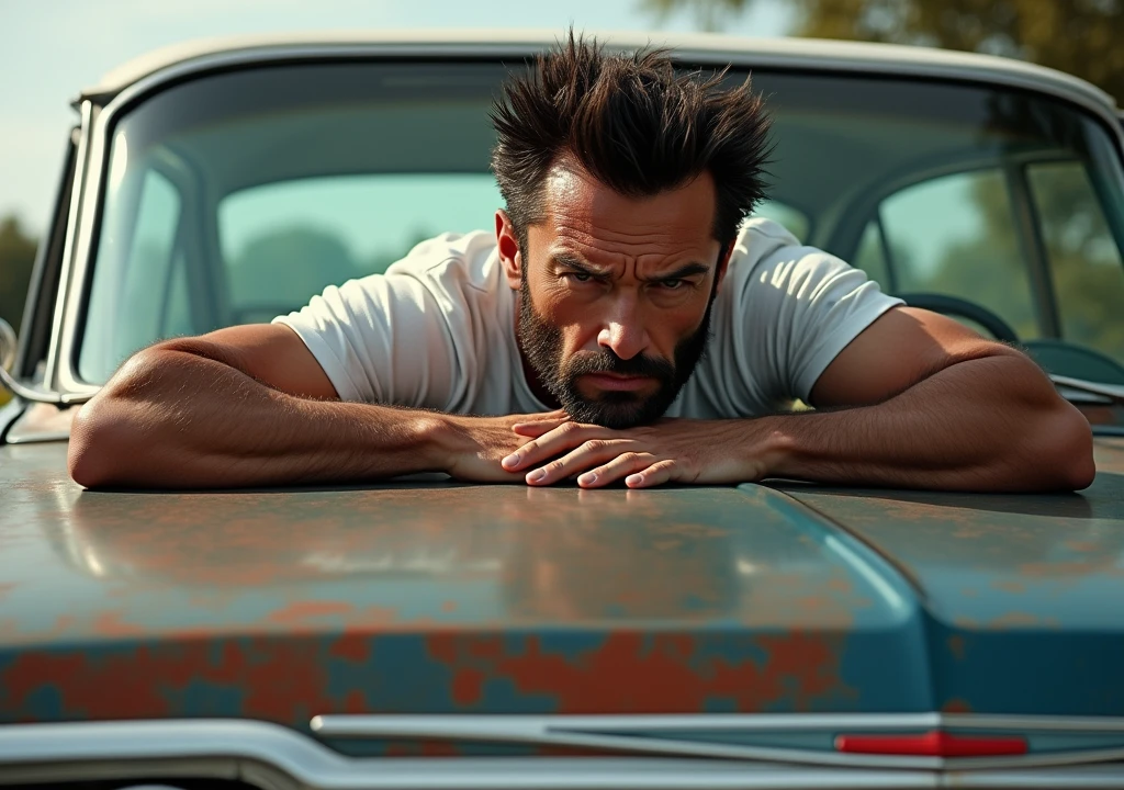 ((hyperrealistic)), ((best quality)), ((masterpiece)), (detailed), marvel wolverine extreme muscle hugh jackman laying on chevrolet impala 1964 with angry face , wears mexican athletic white shirt and white converse shoes. he prepares for workout. mid distance photo