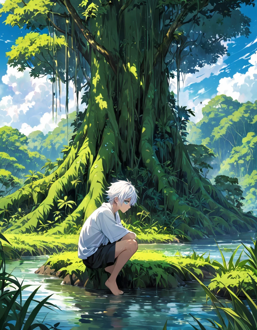In the middle of a vast jungle, where trees rise like green giants and the sounds of nature create an enveloping symphony, A boy with white hair and blue eyes is found. His presence is a striking contrast to the vibrant environment that surrounds him.. However, The beauty of the landscape is marred by the sadness that consumes him. He can only cry on his knees and lament on the banks of a river..