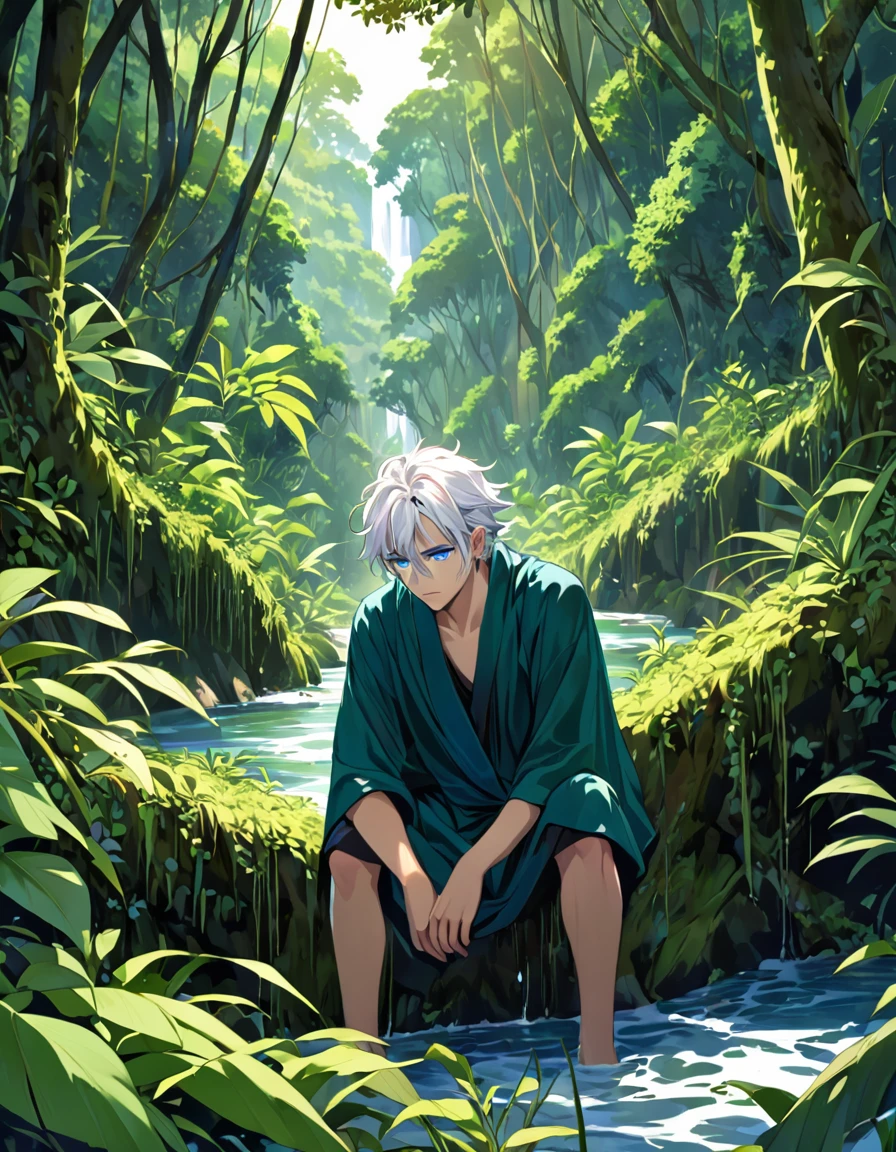 In the middle of a vast jungle, where trees rise like green giants and the sounds of nature create an enveloping symphony, A boy with white hair and blue eyes is found. His presence is a striking contrast to the vibrant environment that surrounds him.. However, The beauty of the landscape is marred by the sadness that consumes him. He can only cry on his knees and lament on the banks of a river..