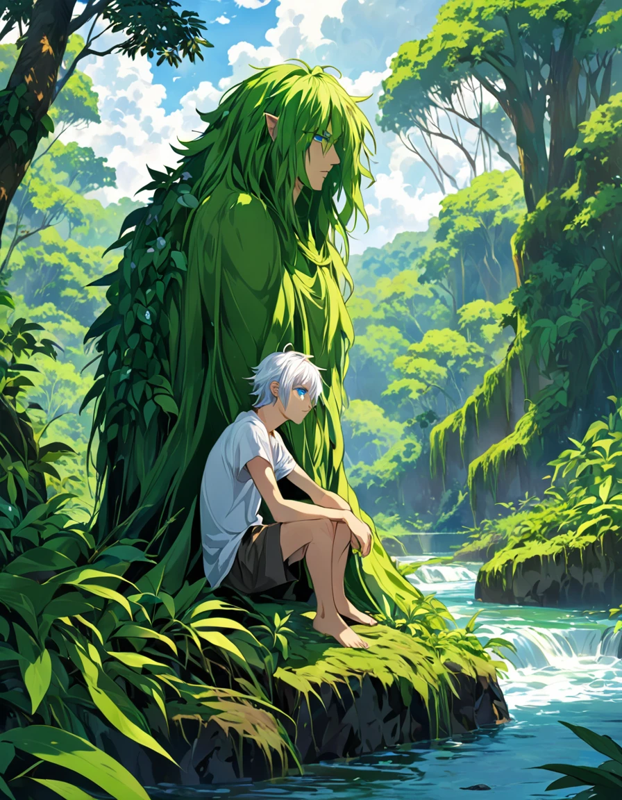 In the middle of a vast jungle, where trees rise like green giants and the sounds of nature create an enveloping symphony, A boy with white hair and blue eyes is found. His presence is a striking contrast to the vibrant environment that surrounds him.. However, The beauty of the landscape is marred by the sadness that consumes him. He can only cry on his knees and lament on the banks of a river.. 