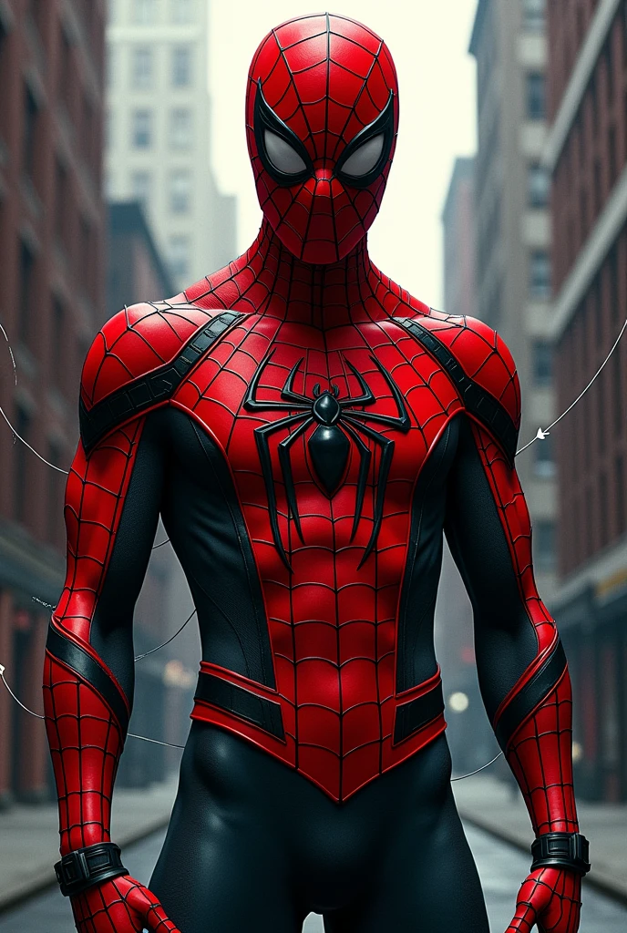 Classic comic book Spiderman with the red and the black instead of the blue and the spider logo resembles an ant and webs on his armpits