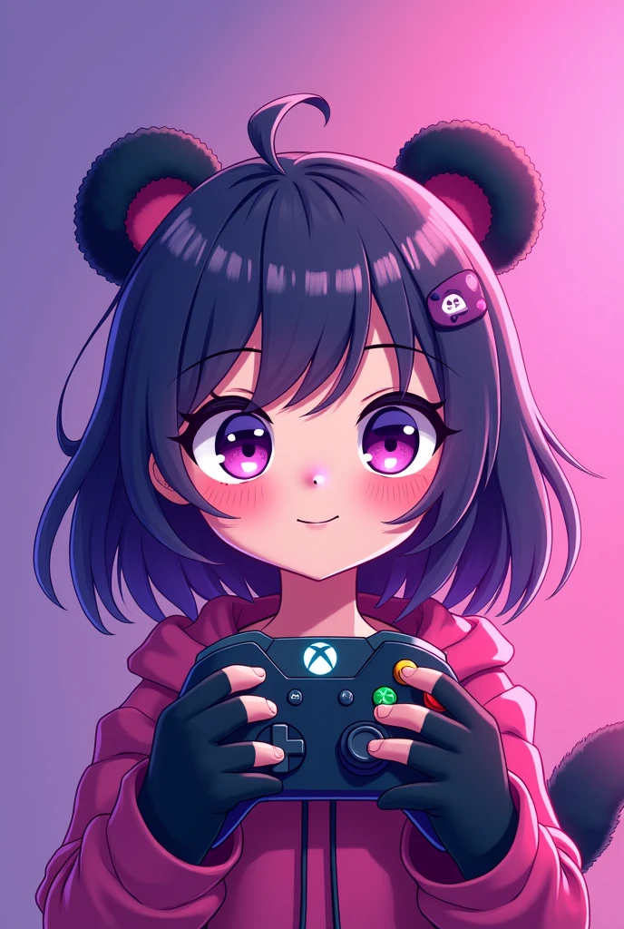 create a twitch logo of an anime style girl that is a purple and pink panda and is holding an xbox controller