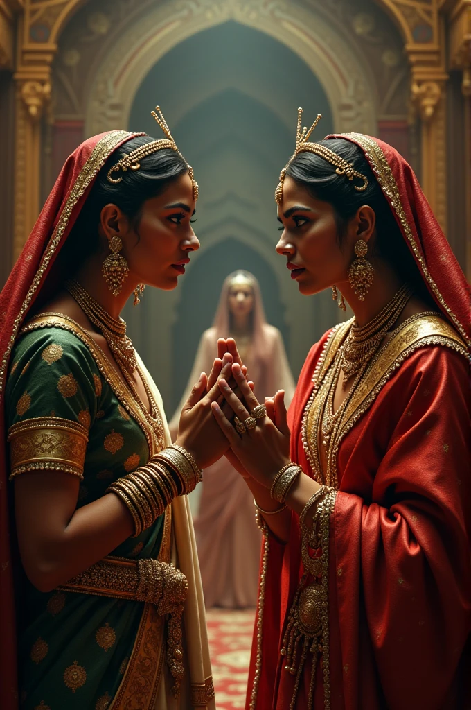 Indain queens glaring at eachother while trying to snatch each other's child