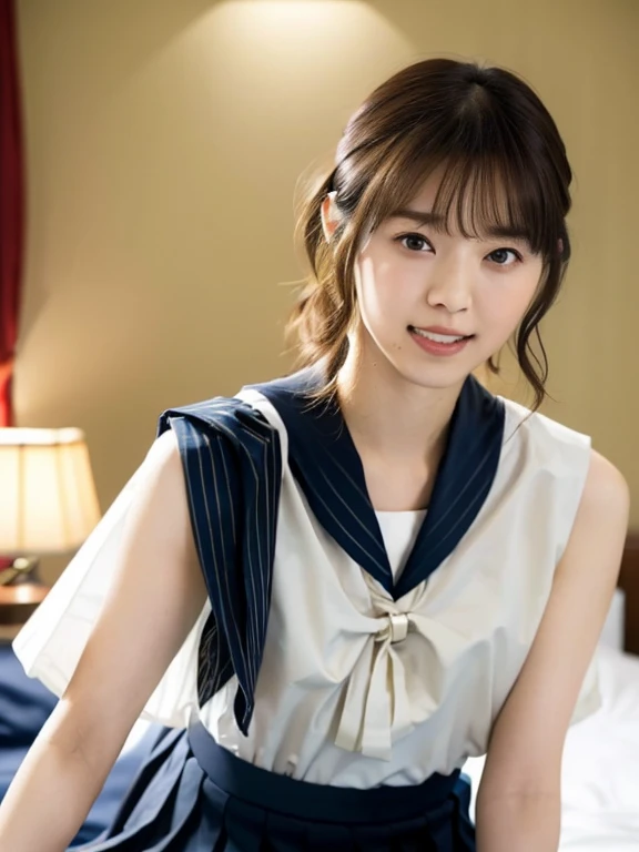 (Masterpiece, Best quality: 1.4), (Ultra realistic, Photo-realistic: 1.2), Full body, (kneeling: 1.2), Natural light, 25 years old actress, Japanese women, (arms behind back: 1.1), Neat and clean, (Summer sailor suit:1.3), School type suit, (Whiteshirt, Black collar:1.1), (unbutton:1.2), (Darknavy pleated skirt, Black pleated skirt:1.3), (Black necktie), Short ponytail, Short wavy hair, Light brown hair color, (Beautiful Face), Oval face, clear, (Beautiful eyes, Kind eyes), (Clear skin), Small face, (Small mouth, Beautiful mouth), Natural makeup, Approachable, Luxury hotel Suite room, On bed, Seductive smile, (Seductive pose:1.1), (Beautiful thighs:1.1), Bedroom eyes,