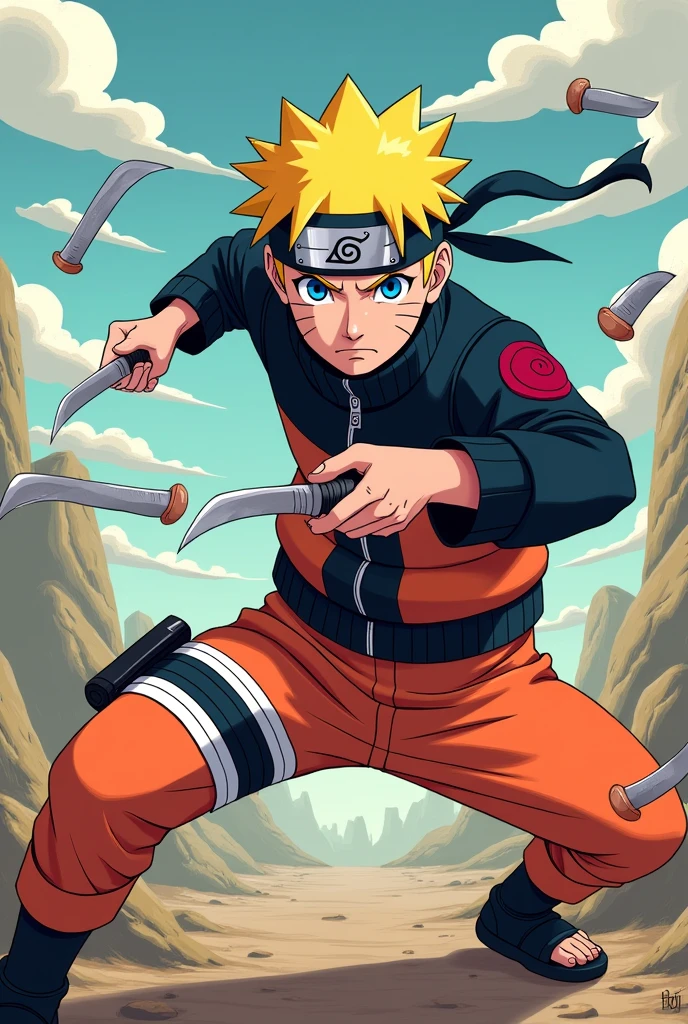 Create an image of a naruto tcg card with cartoon art style. The scene should be dynamic with Naruto attacking kunai