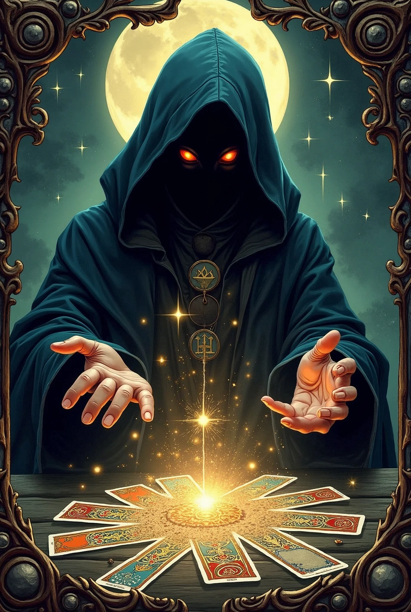 Onmyoji,Metal photo frame,card,tarot cards:1.37.Mysterious fortune teller wearing hood,Finger taps an array of tarot cards in the air,Mystical symbols and elements,ancient mysterious atmosphere,Realistic illustrations,meticulous details,Vibrant and energetic composition,dark style,gothic style