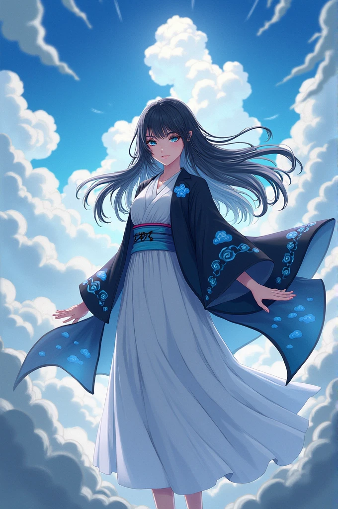 Demon slayer girl black hair cloud haori white kimono blue eyes cloud pillar long hair with a cloud. 