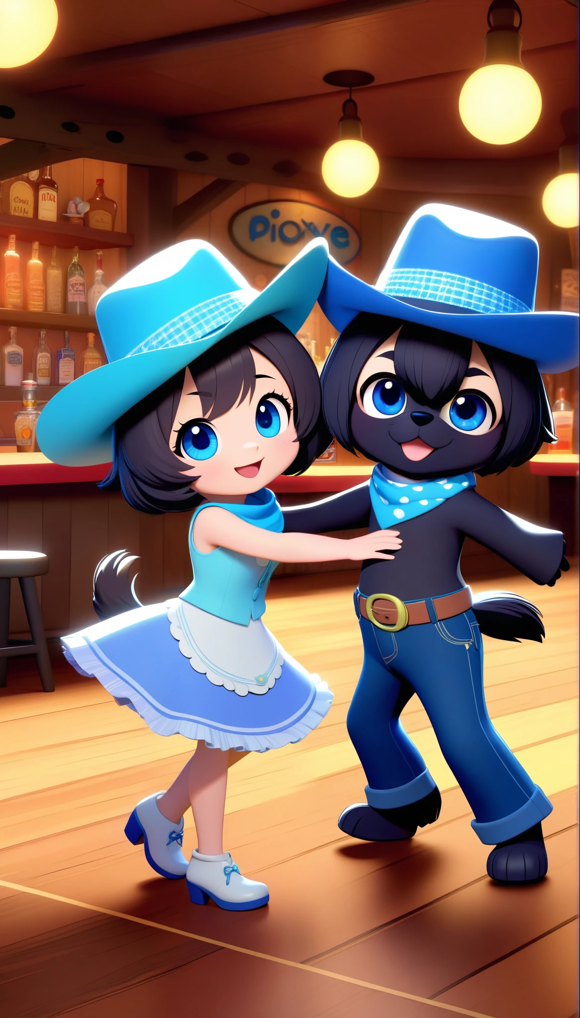 2 adorable black Shih tzu puppies with big blue eyes wearing colorful bandanas and cowboy hats dancing on Disney dance floor at a Disney country bar, 3D Pixar style