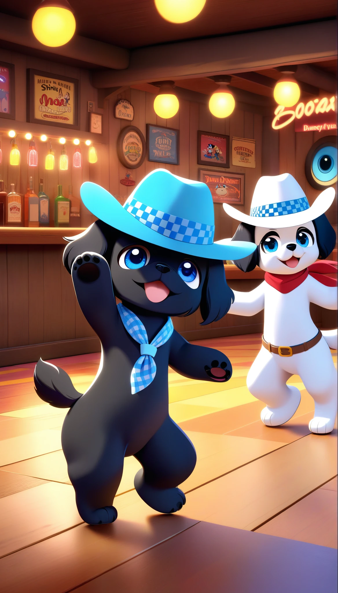 2 adorable black Shih tzu puppies with big blue eyes wearing colorful bandanas and cowboy hats dancing on Disney dance floor at a Disney country bar, 3D Pixar style