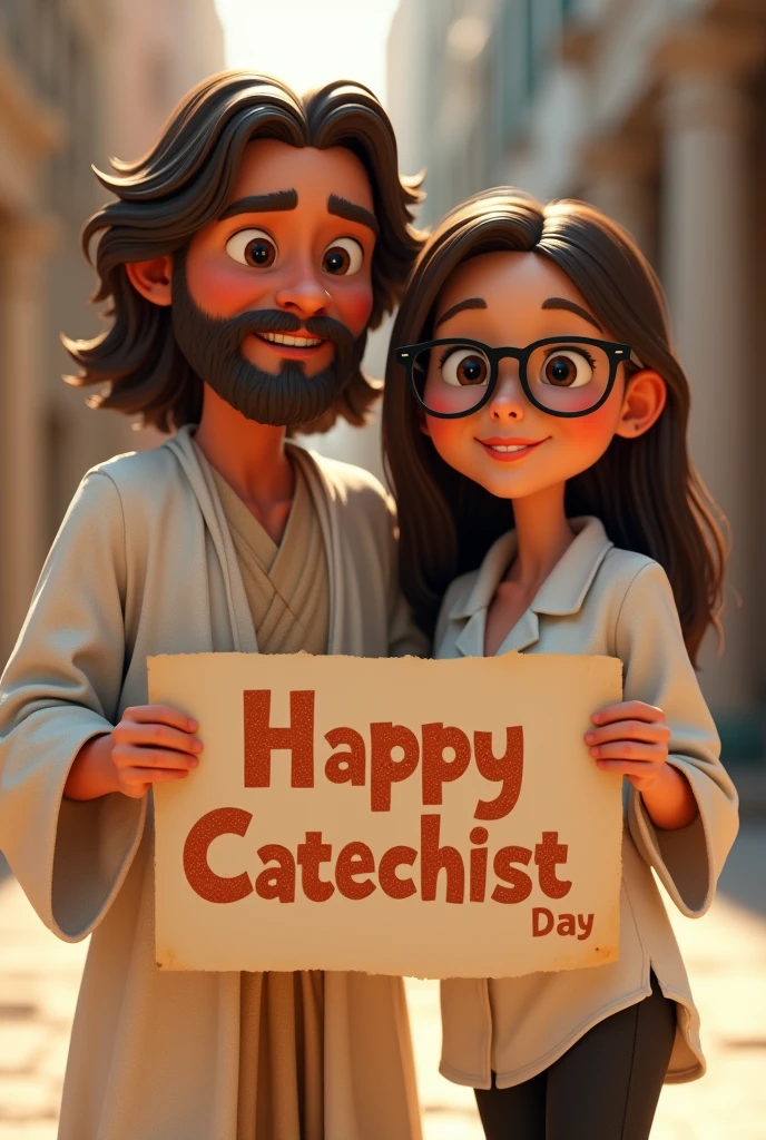 Image of a young Jesus with shoulder-length hair with a light brown beard and mustache dressed in a white tunic with black sandals next to a woman with dark blonde hair with glasses dressed in black pants and a white shirt and a sign that says Happy Catechist Day.pixar style
