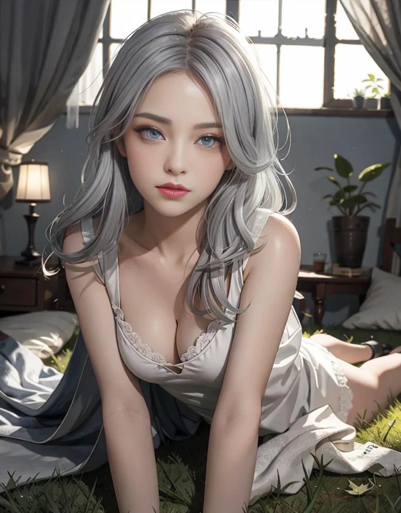 beautidful eyes, beatiful background, abandoned cottage,Bedroom
, light particules, suns rays, dramatic lighting, Do lado de fora, grassy, leafs, Shiny (yellow, Red Jewel, White gradient:1.5), Realistic, tmasterpiece, best qualtiy, ultra - detailed, A detailed, scenecy, Beautiful and delicate eyes, Detailed gray hair,beautiful red eye