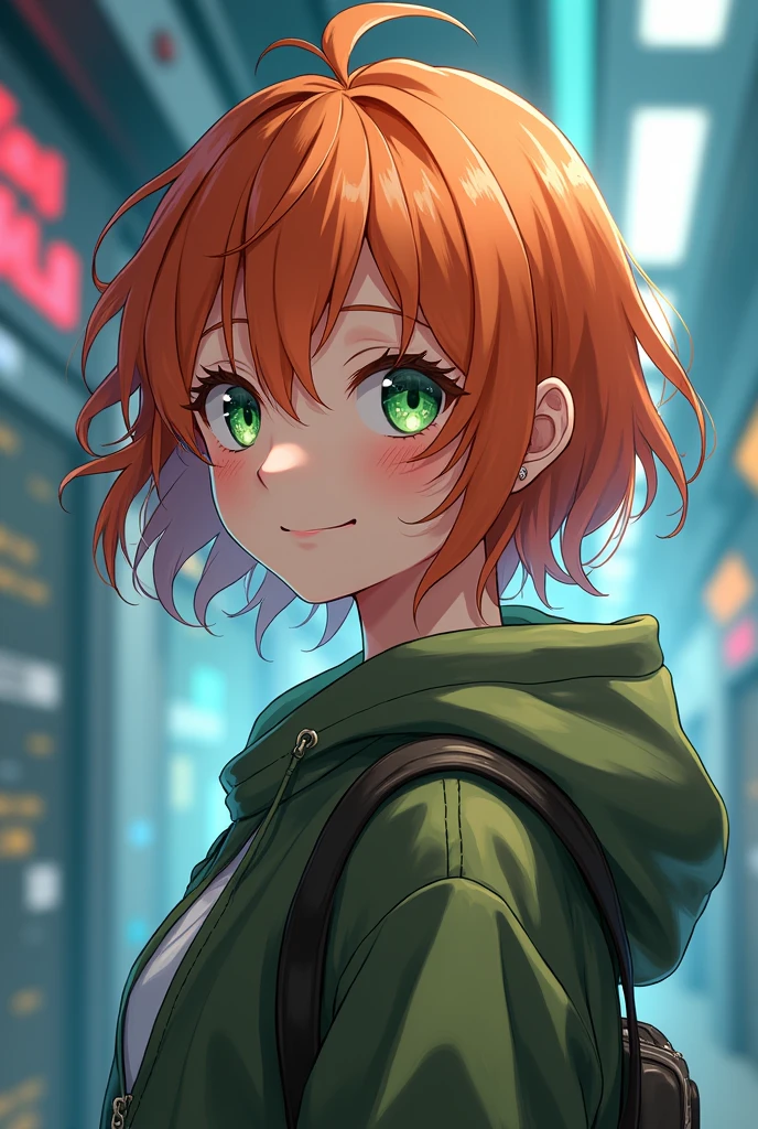 Emma from the anime "the promise neverland" at CyberRealistic with 15 years, short wavy orange hair, clear skin, green eyes, smiling