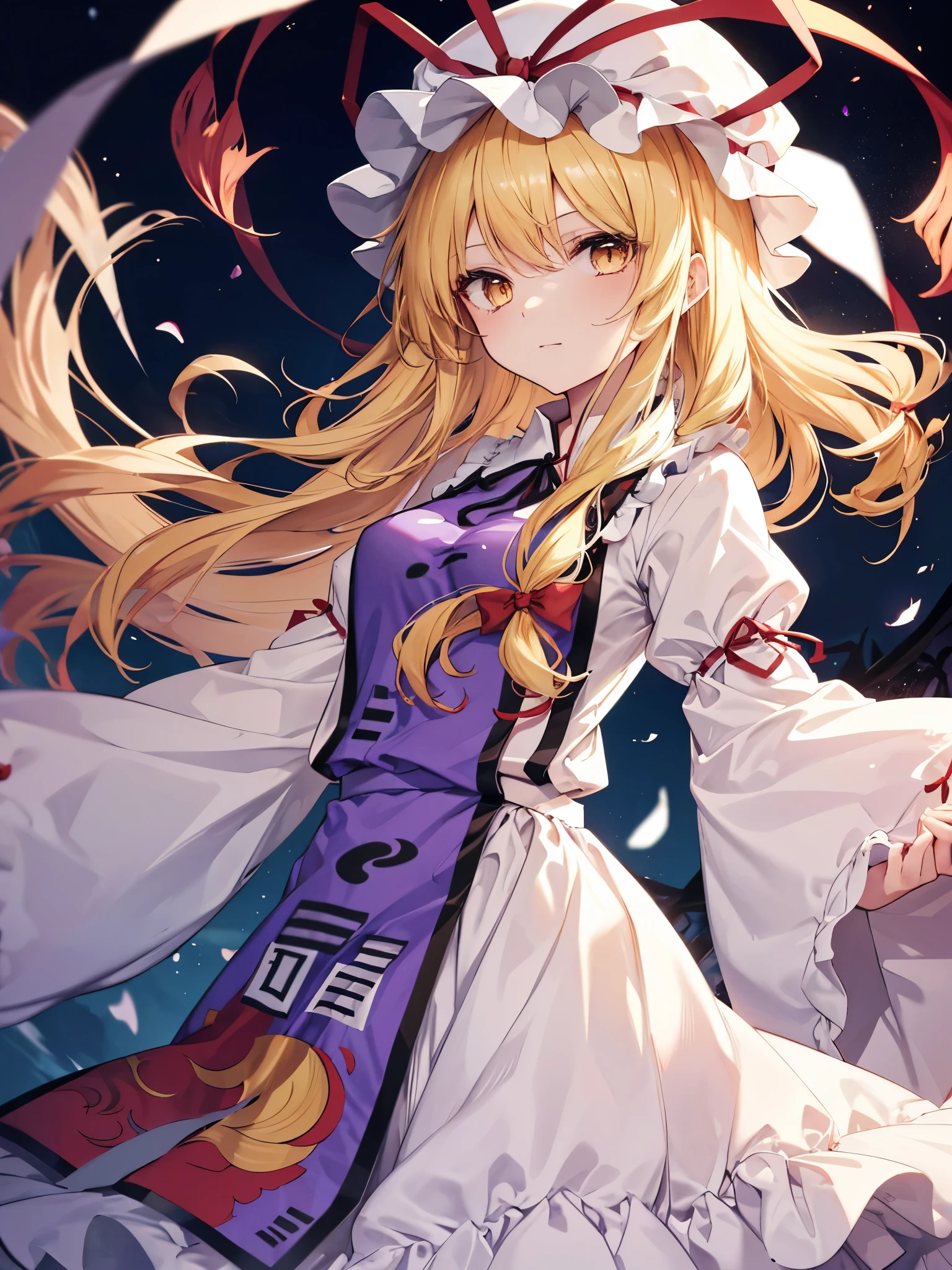 1girl, yakumo yukari (touhou), yellow eyes, hat, blonde hair, long hair, dress, ribbon, hat ribbon, bow, mob cap, frills, long sleeves, tabard, wide sleeves, hair bow, white dress, gap (touhou),