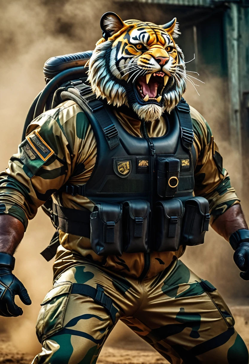 (a dark-skinned bearded fat muscular old man in a bulky army camouflage zipper diver suit) carrying a gun, (wearing realistic roaring tiger mask), dynamic action pose, fierce expression, showcasing an imposing stature, surrounded by military elements, dramatic shadows and intense highlights, cinematic color tones, high detail, powerful, art influenced by Bruce Onobrakpeya and Stanley Artgerm, ultra-detailed, best quality image, action-packed atmosphere. fighting stance, field