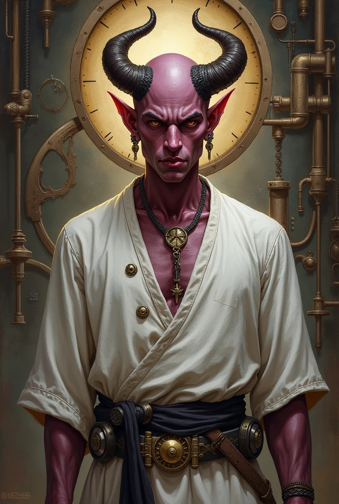 Tiefling mrn for Dugeons and dragons,bald ,tunic color white , tematic Steampunk