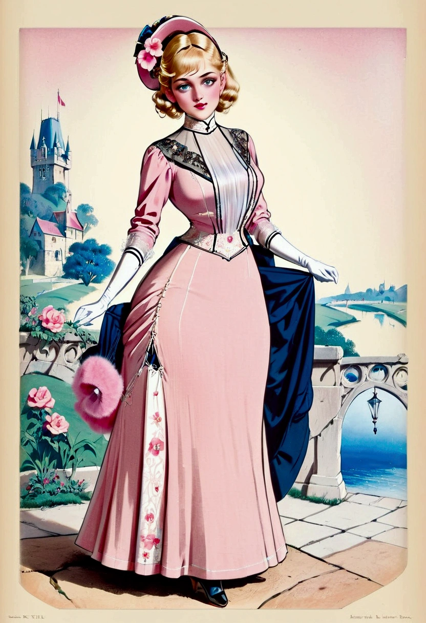 Princess Peach as a gorgeous stylish **** blonde teenage Gibson Girl wearing her pink 1905_dr3ss. Year 1906. Edwardian high-neck long sleeve dress. Sheer top. Ornate wide-brimmed picture hat with a veiled front fully topped with flowers and feathers. White gloves in both hands. Sash tied around her waist. Floor-length skirt. Boots. 40-20-40 hourglass figure. Large bubble butt sticking out. S-bend corset. Long blonde Gibson Girl updo with ponytail. Big blue eyes, pouty red lips. Full body. Delicately holding a parasol with one hand, pinky finger raised. Castle backdrop.