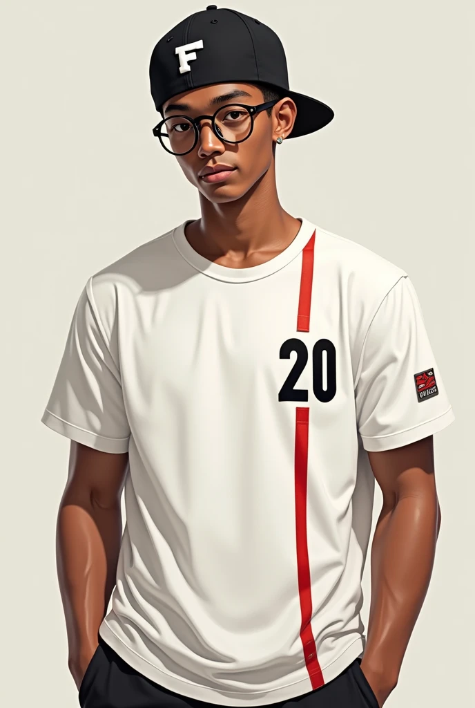 I WANT A MALE CHARACTER,AND WITH ROUND AND DARK GLASSES, WITH A CAP TURNED BACKWARDS WITH A LETTER F,AND WHITE TEAM T-SHIRT WITH THE NUMBER 20 ON THE LEFT IN SMALL AND A LARGE RED LINE VERTICALLY