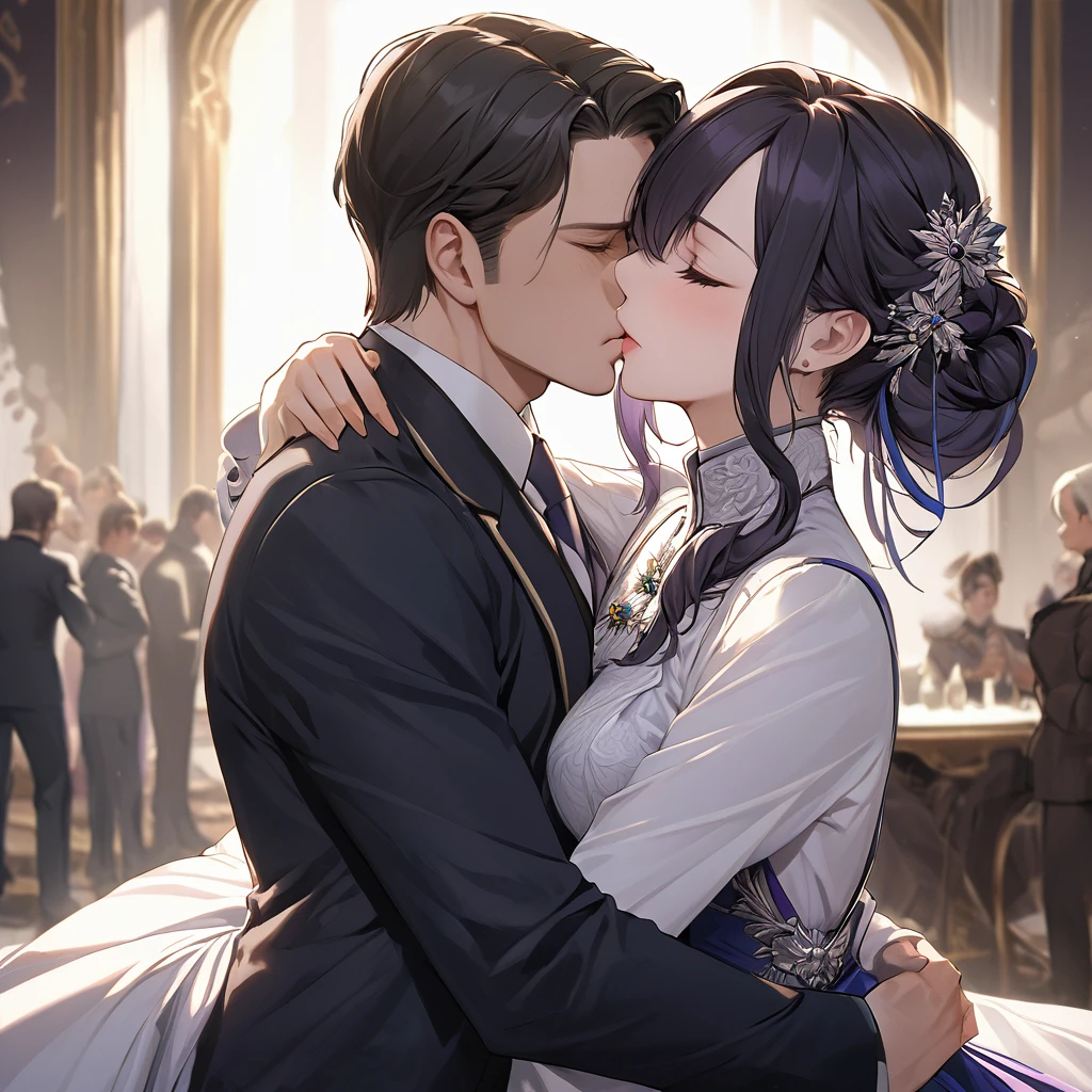 ((Highest quality)), ((masterpiece)), (detailed), （Perfect Face）、The woman is Shinobu Kocho, a Russian with black hair in a purple gradient bob style, tied up in a formal evening hairstyle.、The woman is a member of the United Russia party and is beautifully dressed in a suit and lavish accessories.、She is a United Russia member who is dedicated to the cause of a great United Russia, and she deeply respects and worships the leader of the Great Russian Party, a United Russia supremacist.、As the secretary and mistress of a great United Russia official, the woman wholeheartedly devotes herself to serving him, body and soul, embracing him, snuggling with him, kissing him, and serving him as a mistress to the great and beloved official.、The man embraces the woman as his lover, kisses her, and makes love to her