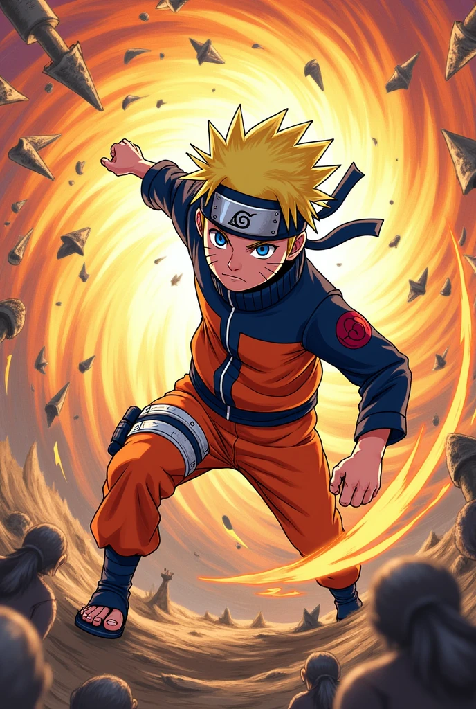 Create an image of a naruto tcg card with cartoon art style. The scene must be dynamic 