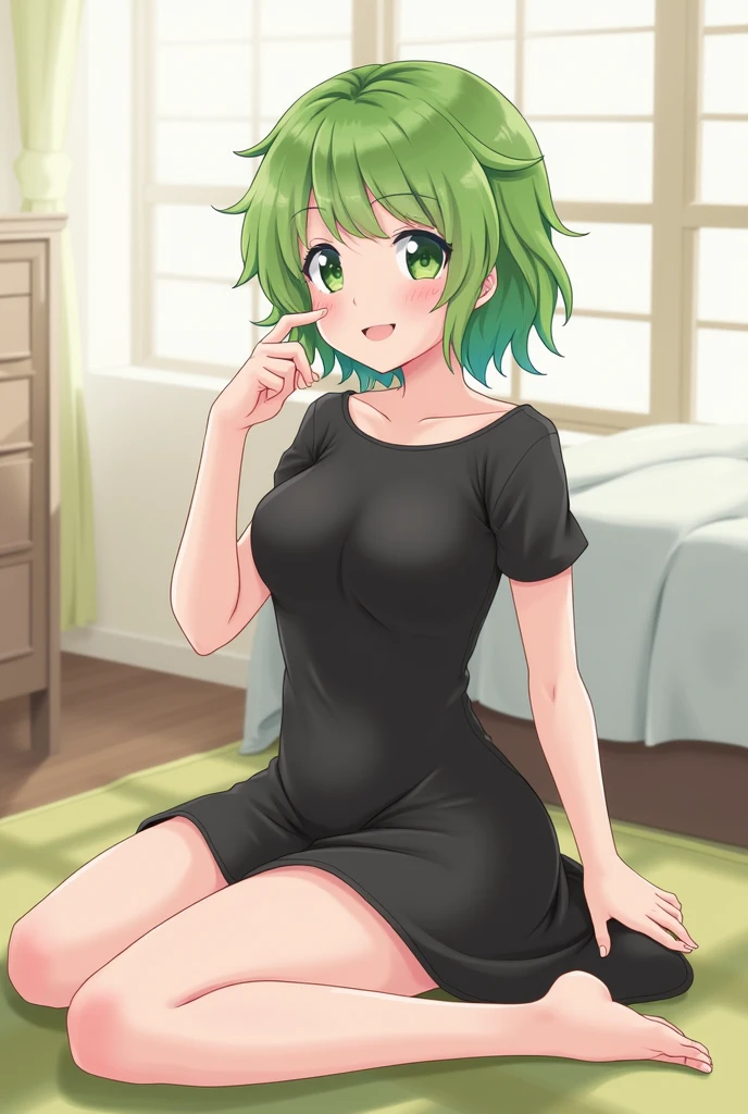 Create a girl, short hair, green hair, wavy, green eyes, smiling, short, small breasts, black dress, sitting, legs spread, showing her panties, finger in mouth, bedroom, noon