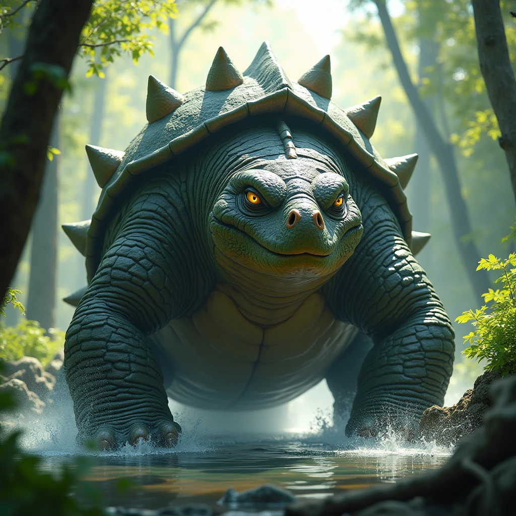 a massive blastoise, photorealistic, high detailed, 4k, realistic, detailed water effects, lush green forest, sunlight streaming through the trees, dramatic lighting, powerful pose, hyper realistic, intricate scales, glowing eyes, intimidating presence